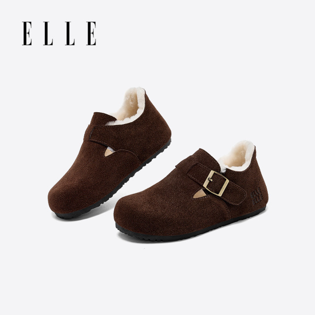 12859795.ELLE复古舒适时尚百搭圆头勃肯鞋女2025秋冬新款加绒保暖平底单鞋