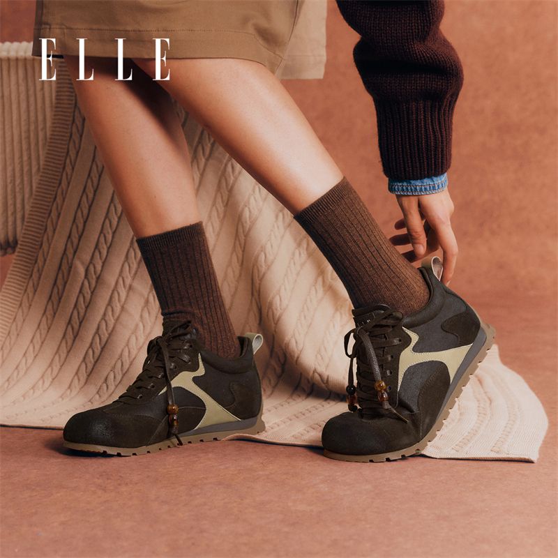12860451.ELLE复古时尚百搭潮流运动休闲鞋女2025秋季新款圆头系带平底鞋
