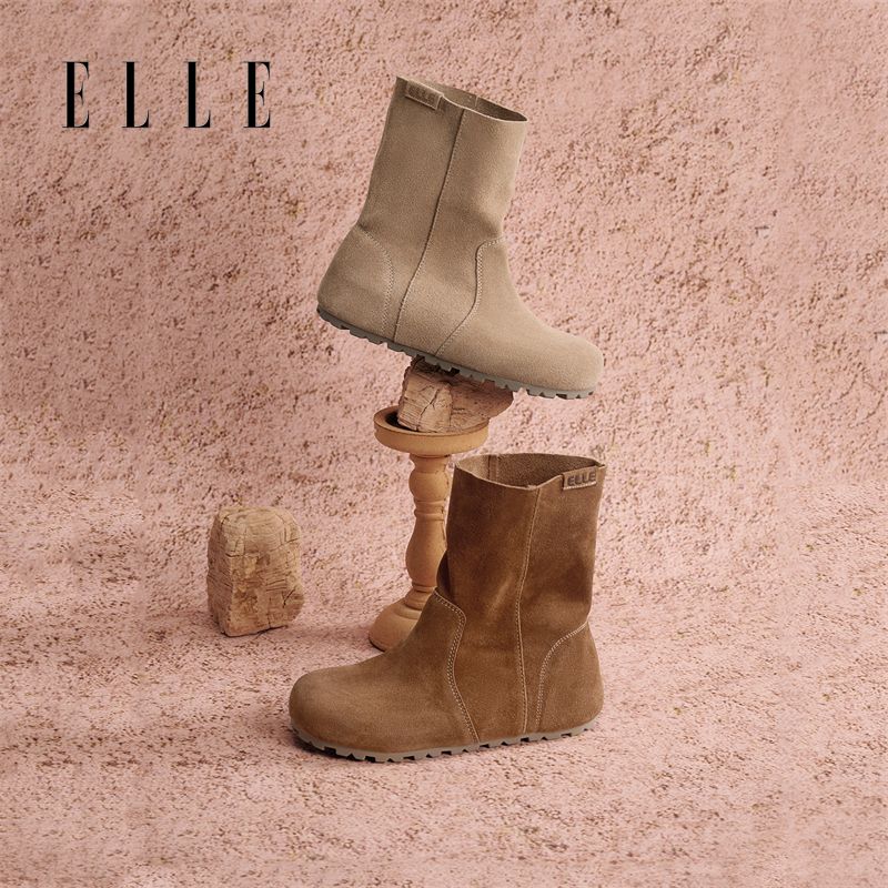 12859881.ELLE时尚复古潮流百搭舒适短筒靴女2025秋冬新款圆头时尚短筒靴