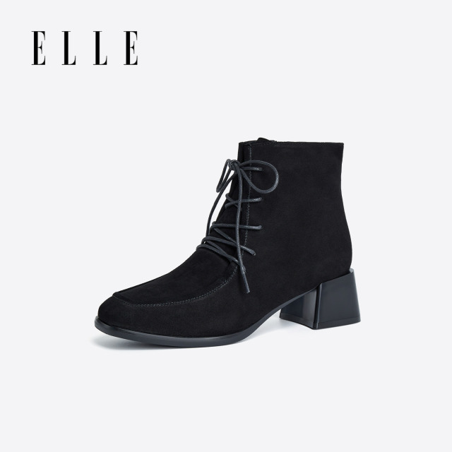 12859818.ELLE时尚复古系带粗跟短筒靴女2025秋冬新款舒适潮流百搭时装靴