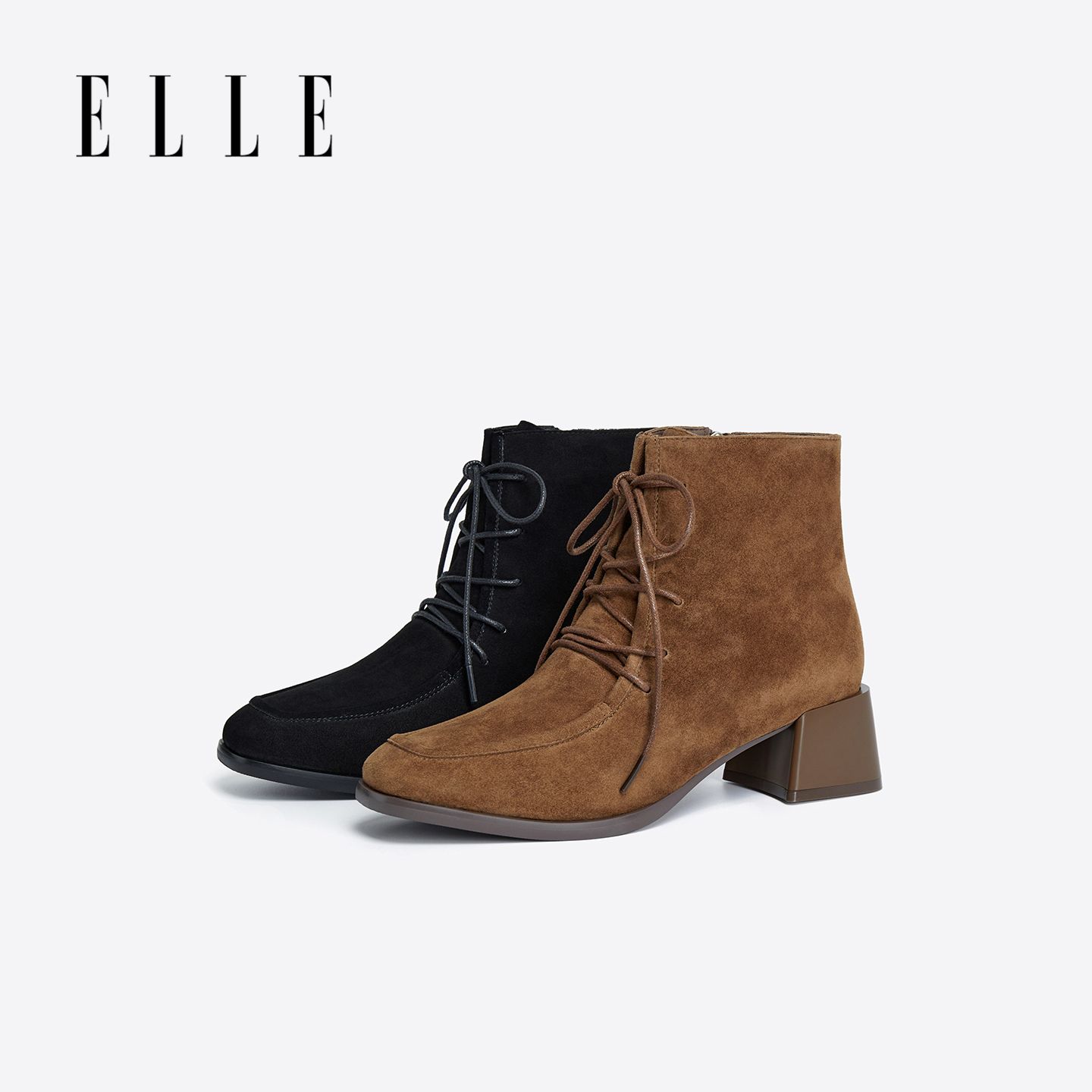 12859818.ELLE时尚复古系带粗跟短筒靴女2025秋冬新款舒适潮流百搭时装靴