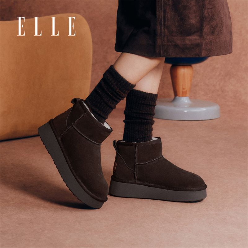 12860598.ELLE时尚厚底舒适百搭保暖雪地靴女2025冬季新款百搭圆头短筒靴