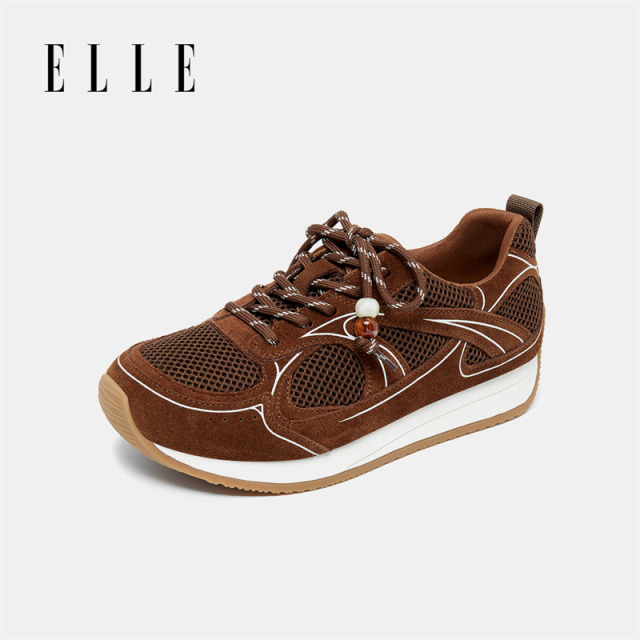 12868218.ELLE时尚潮流运动百搭休闲鞋女2025秋季新款户外圆头系带平底鞋