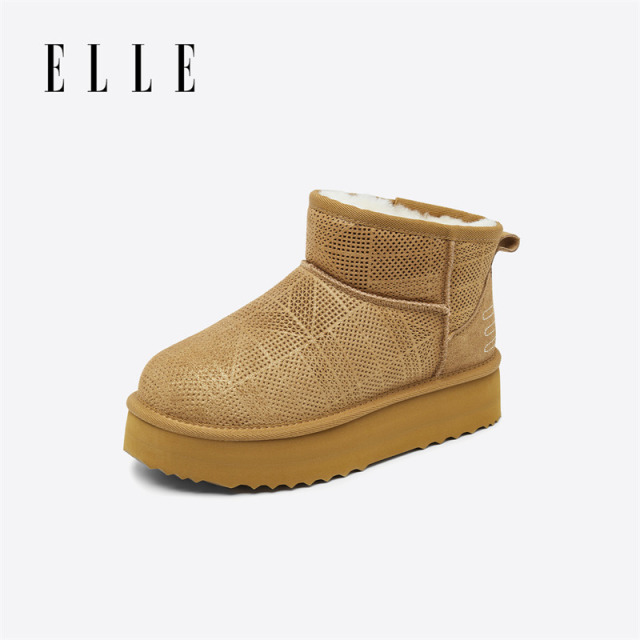 12868446.ELLE时尚舒适保暖厚底雪地靴女2025冬季新款百搭圆头短筒靴