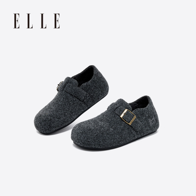 12868939.ELLE时尚复古潮流百搭圆头勃肯鞋女2025秋冬新款舒适一脚蹬平底鞋