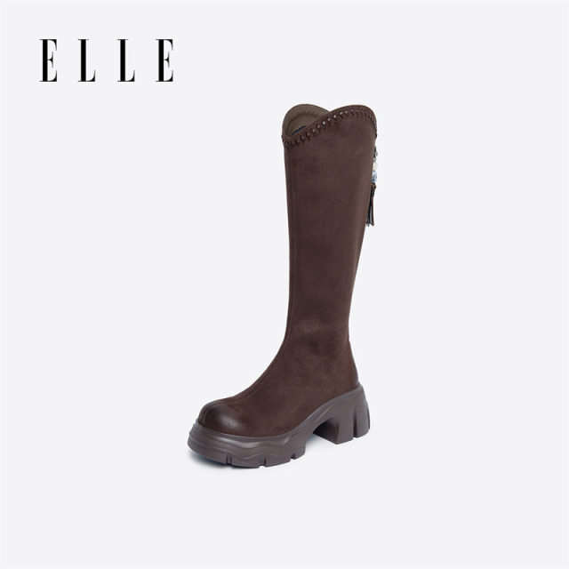 12868957.ELLE复古时尚潮流厚底长筒靴女2025秋冬新款英伦风骑士靴