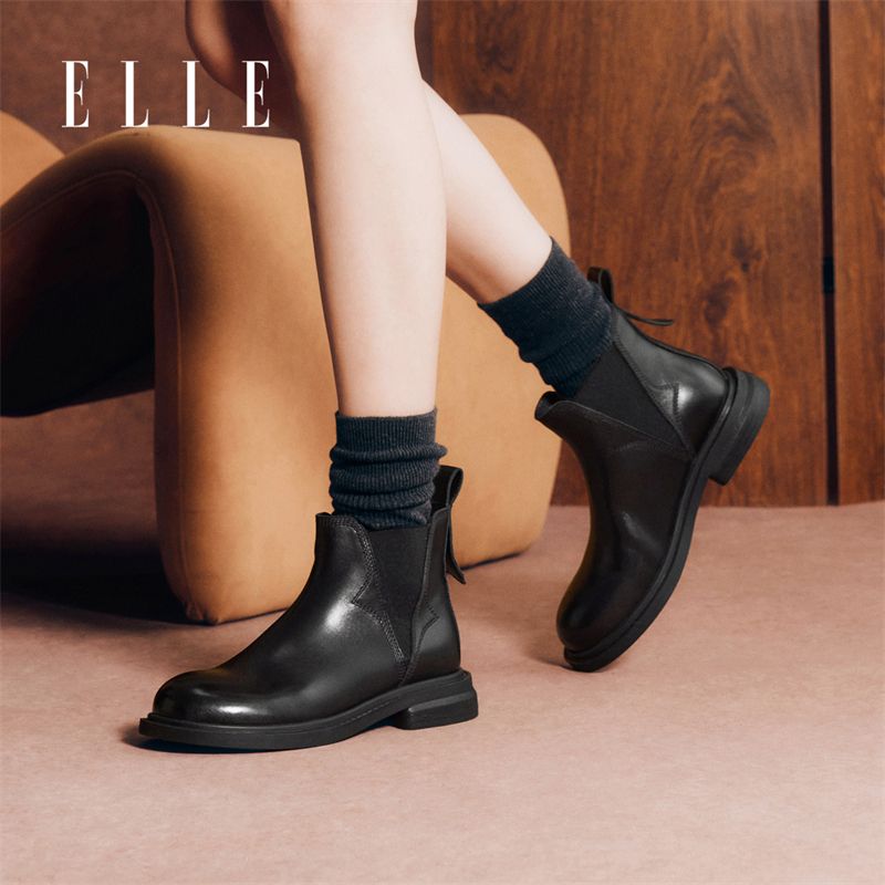 12868503.ELLE时尚复古圆头百搭切尔西靴女2025秋冬新款帅气潮流短筒靴