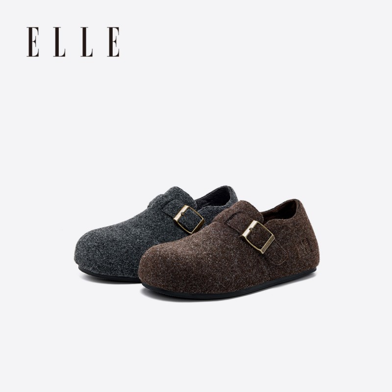 12868939.ELLE时尚复古潮流百搭圆头勃肯鞋女2025秋冬新款舒适一脚蹬平底鞋