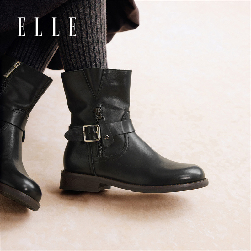 12881213.ELLE时尚圆头潮流切尔西靴女2025秋季新款百搭时尚时装靴