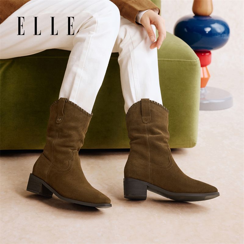 12881243.ELLE复古时尚英伦风短筒靴女2025秋季新款尖头粗跟时装靴