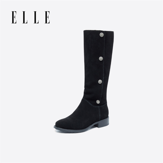 12882189.ELLE复古时尚英伦风厚底长筒靴女2025秋季新款圆头长筒靴