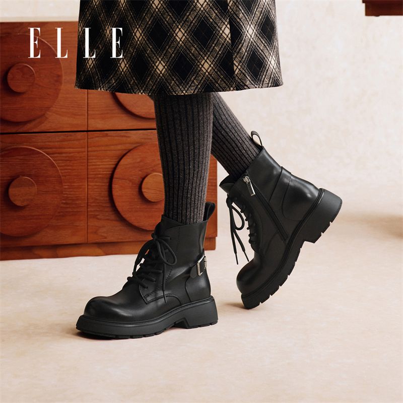 12881152.ELLE时尚潮流复古圆头短筒靴女2025秋季新款系带时尚厚底马丁靴