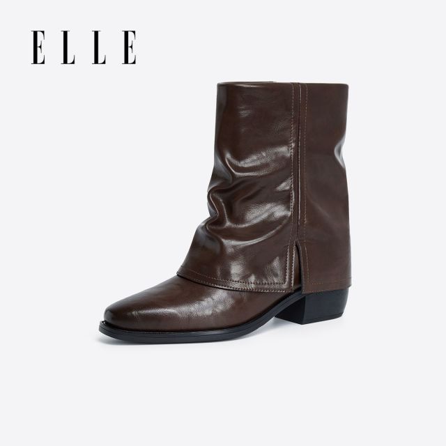 12883012.ELLE复古时尚英伦风潮流粗跟短筒靴女2025秋季新款百搭时装靴