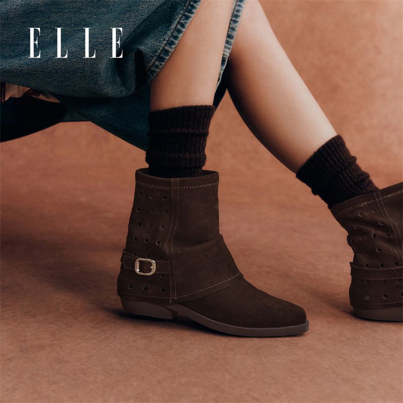 12883189.ELLE复古时尚英伦风短筒靴女2025秋季新款百搭粗跟时装靴
