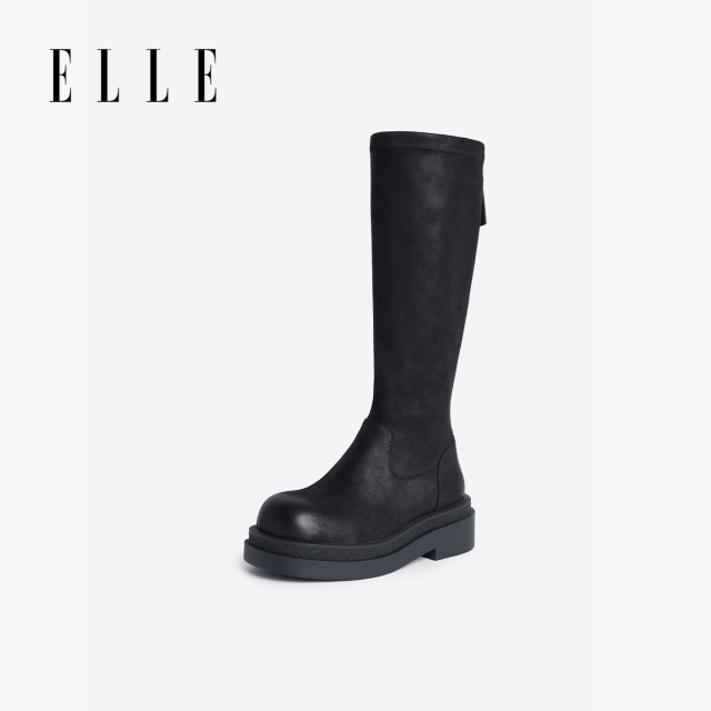 12883205.ELLE复古时尚英伦风厚底长筒靴女2025秋季新款圆头百搭骑士靴