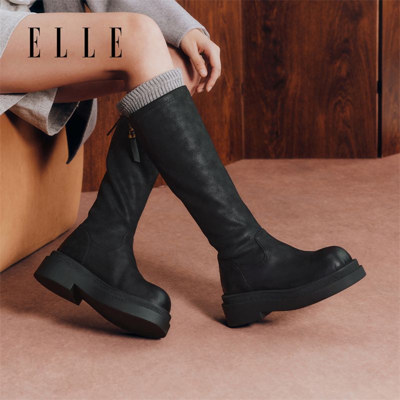 12883205.ELLE复古时尚英伦风厚底长筒靴女2025秋季新款圆头百搭骑士靴