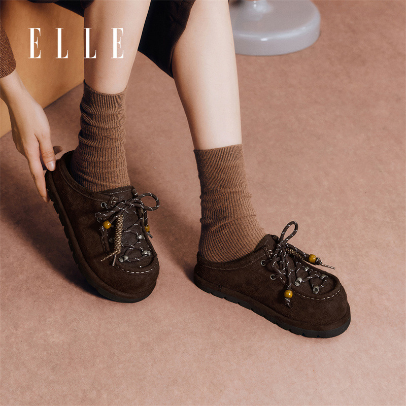 12897628.ELLE复古时尚潮流圆头包头半拖鞋女2025秋季新款外穿平底拖鞋