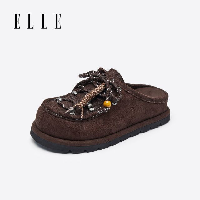 12897628.ELLE复古时尚潮流圆头包头半拖鞋女2025秋季新款外穿平底拖鞋