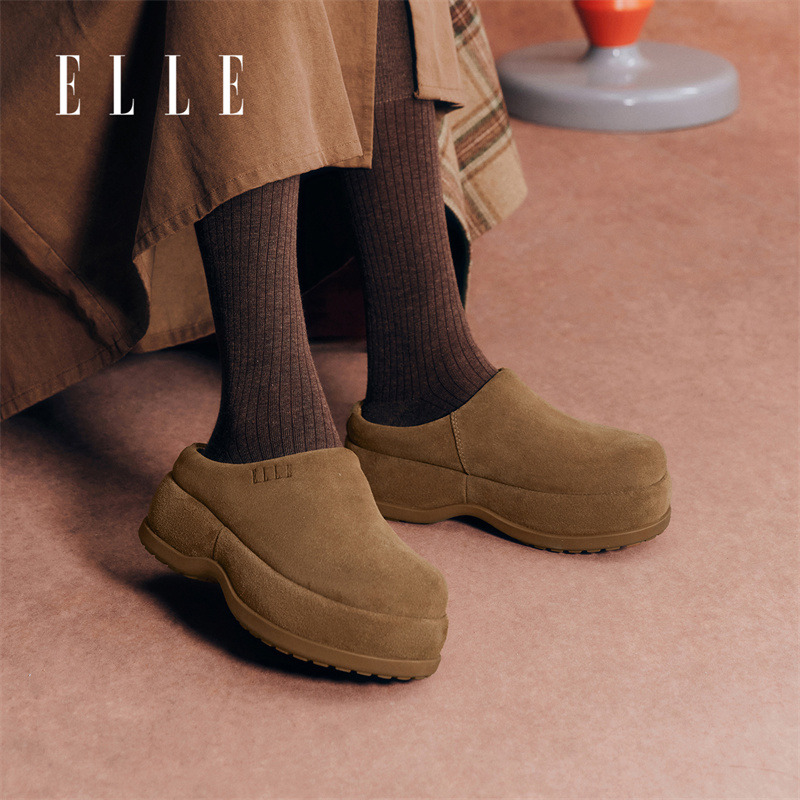 12935270.ELLE时尚厚底圆头包头半拖鞋女2025秋冬新款内里加绒舒适平底休闲鞋
