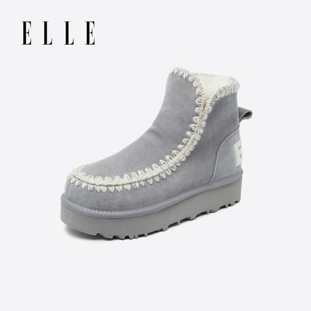 12935292.ELLE复古时尚内里保暖加绒雪地靴女2025秋冬新款圆头厚底短筒靴