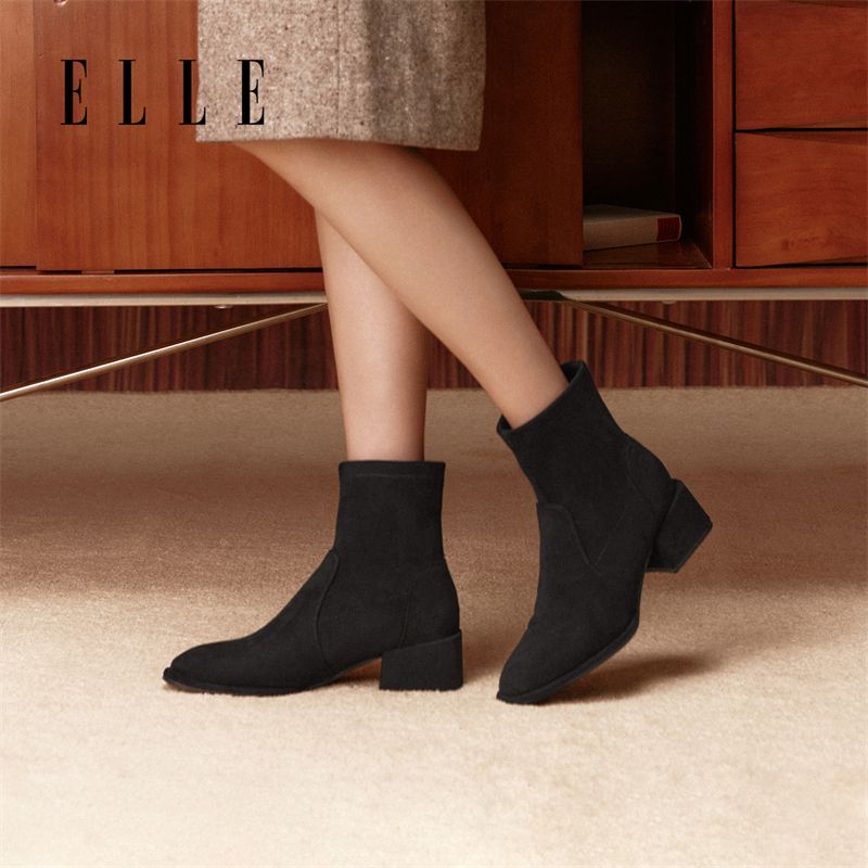 12935183.ELLE复古时尚粗跟百搭优雅时装靴女2025新款圆头舒适短筒靴