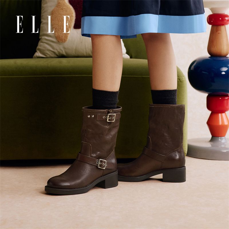 12951093.ELLE复古时尚潮流优雅百搭短筒靴女2025秋冬新款时装靴