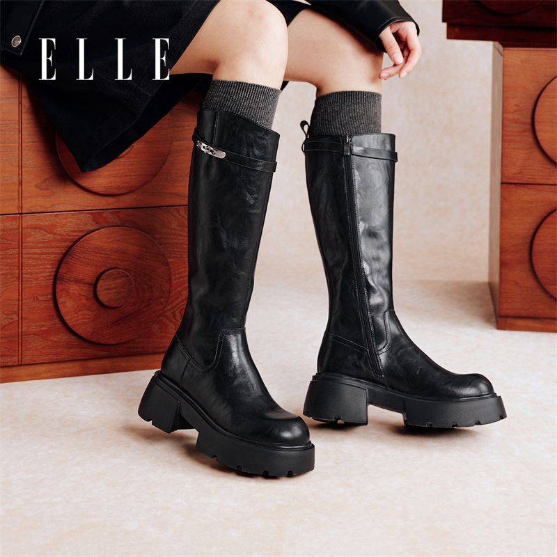 12951049.ELLE复古时尚圆头厚底长筒靴女2025秋季新款潮流时装靴