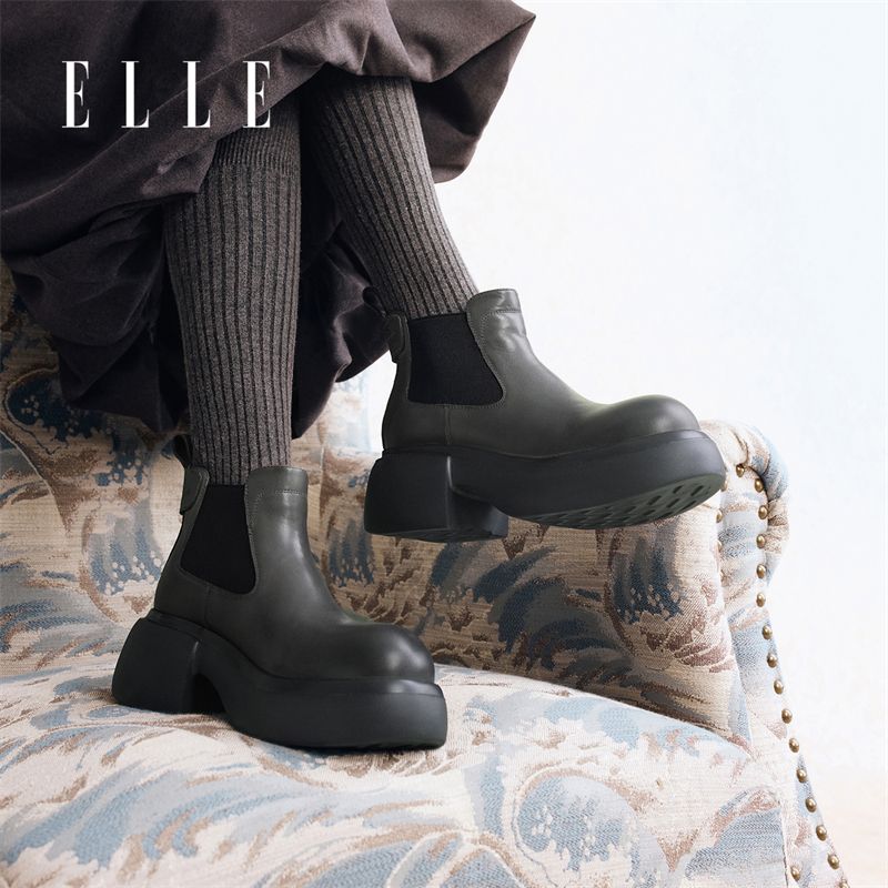 12950999.ELLE复古厚底圆头时尚短筒靴女2025秋冬新款舒适百搭时装靴