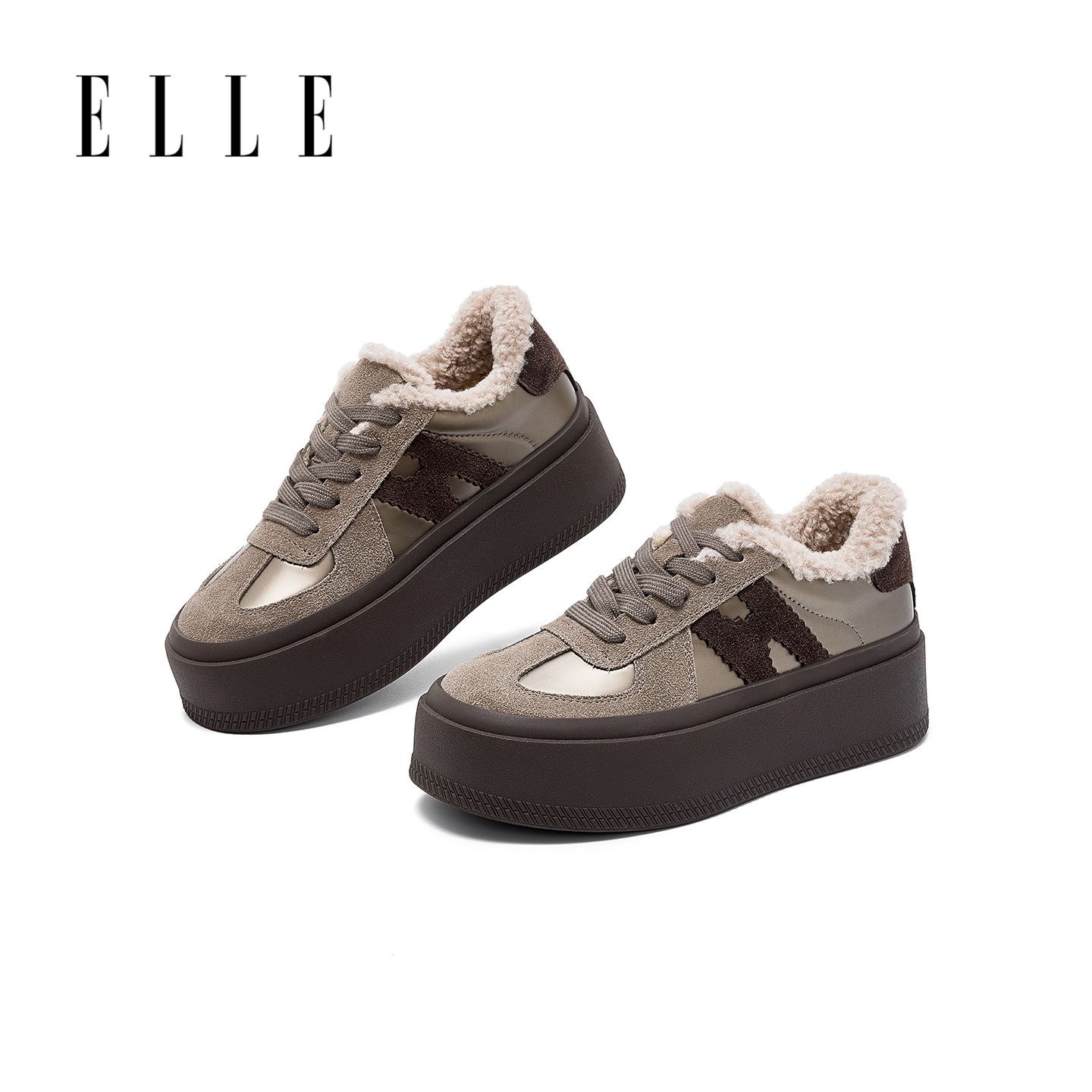 12950927.ELLE时尚厚底潮流百搭保暖休闲鞋女2025秋冬新款圆头低帮平底鞋