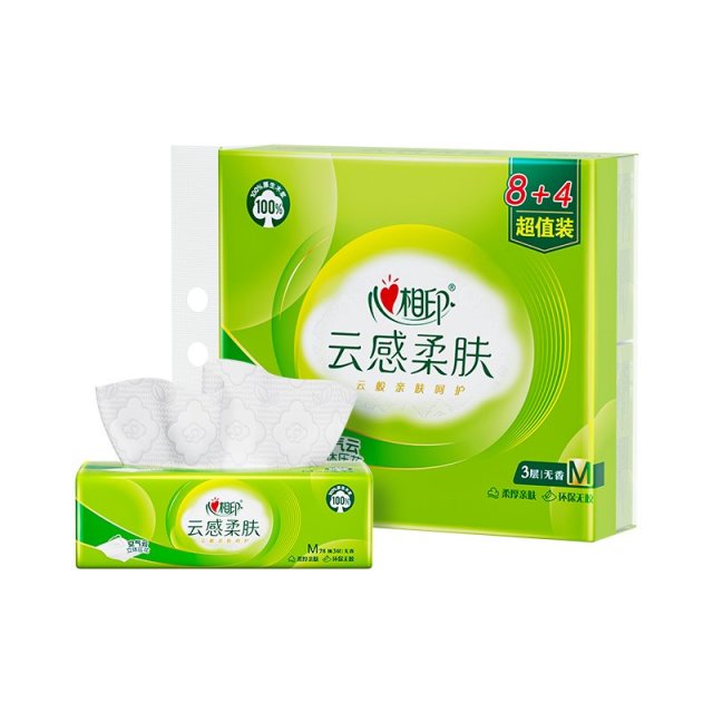 12607342.心相印云感塑装面巾纸78抽3层12包提装抽纸抽取式面巾纸