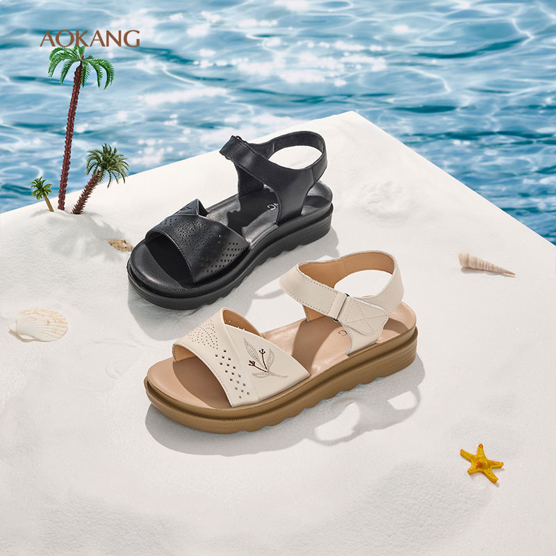 12260133.【妈妈甄选】奥康AOKANG夏季新款真皮舒适魔术贴软底轻便中老年妈妈凉鞋