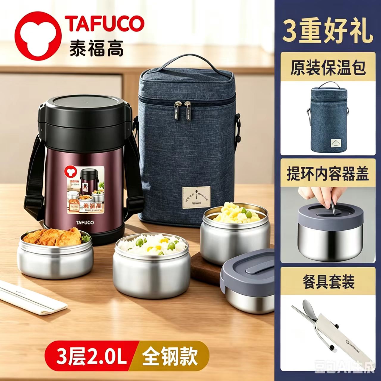13603420.TAFUCO不锈钢真空保温提锅三层大容量超长保温学生上班族带饭神器