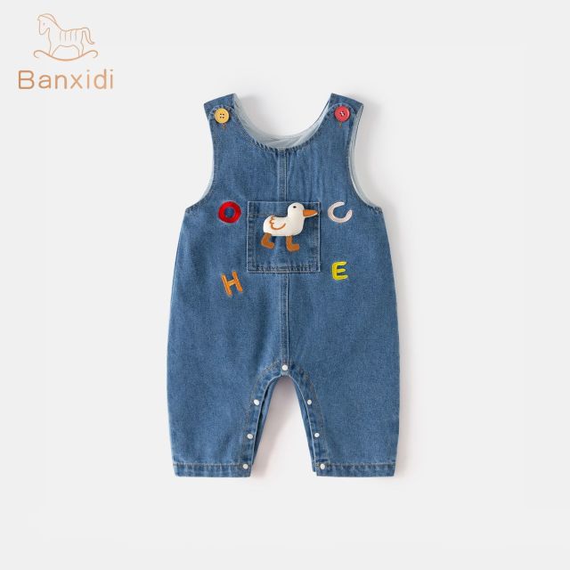 13164766.班喜迪婴儿秋装衣服婴幼儿连体衣宝宝卡通牛仔背带裤超萌外出爬服春秋季