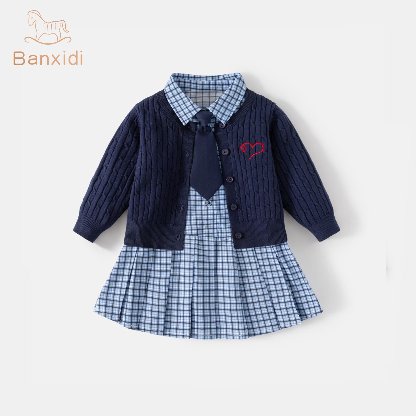 13175635.【学院风】班喜迪女童套装秋装儿童公主格子连衣裙宝宝春秋洋气针织开衫