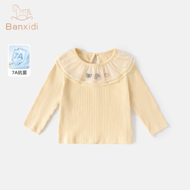 13175192.【7A抗菌】班喜迪女童长袖T恤秋装儿童洋气上衣宝宝春秋季蕾丝领打底衫