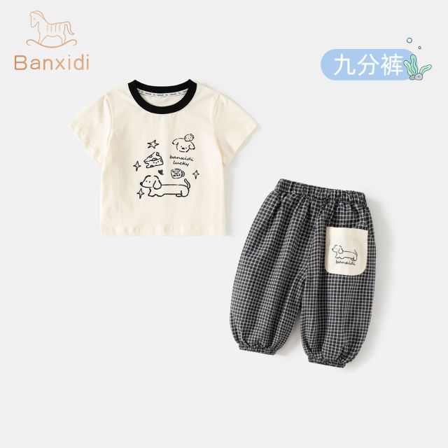 13369023.【清爽夏日】班喜迪男童套装夏装儿童洋气卡通短袖男宝宝夏季束脚九分裤