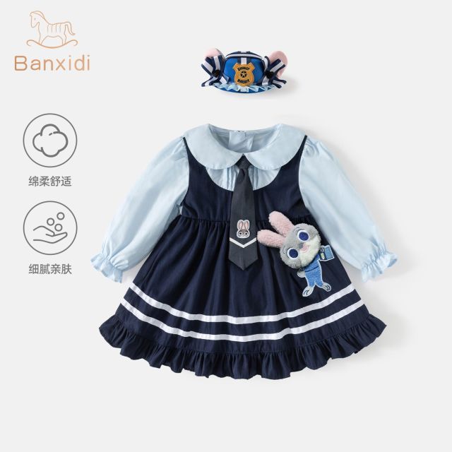 13165036.班喜迪女童连衣裙秋装洋气女宝宝兔子警官公主裙周岁礼服儿童学院风裙子