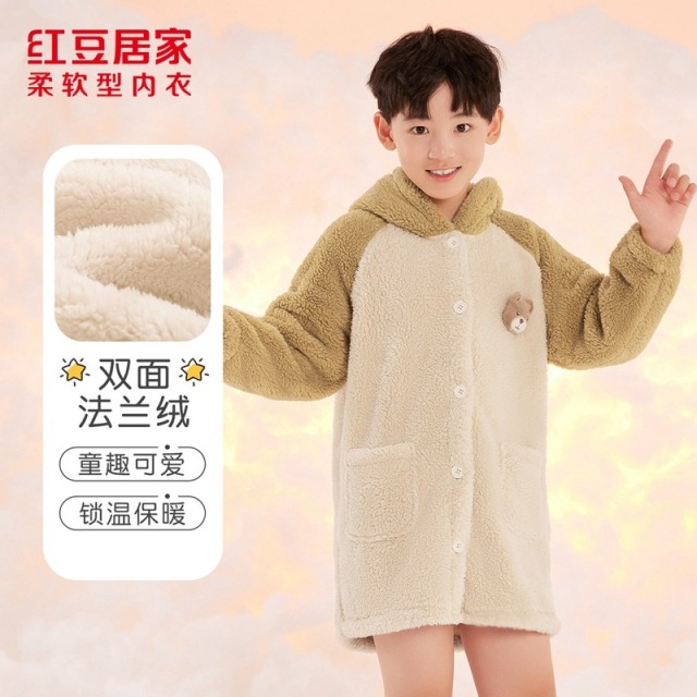 12428319.红豆【A类】细密长绒蓬松保暖柔软男童可爱小熊耳朵冬季厚实睡袍