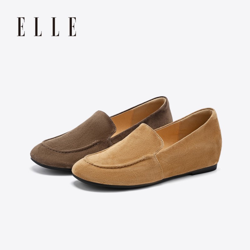 13505999.ELLE女鞋老钱风羊皮绒面乐福鞋夏季新款内增高通勤舒适平底单鞋女