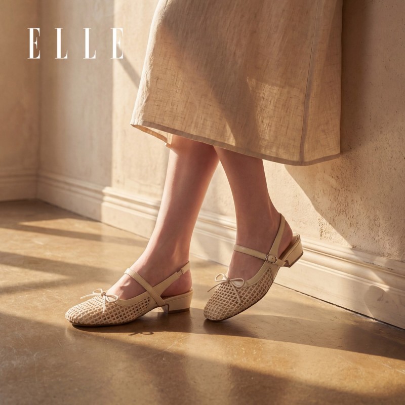13505928.ELLE女鞋假日循环夏季新款包头粗跟凉鞋女外穿时尚高级感玛丽珍鞋