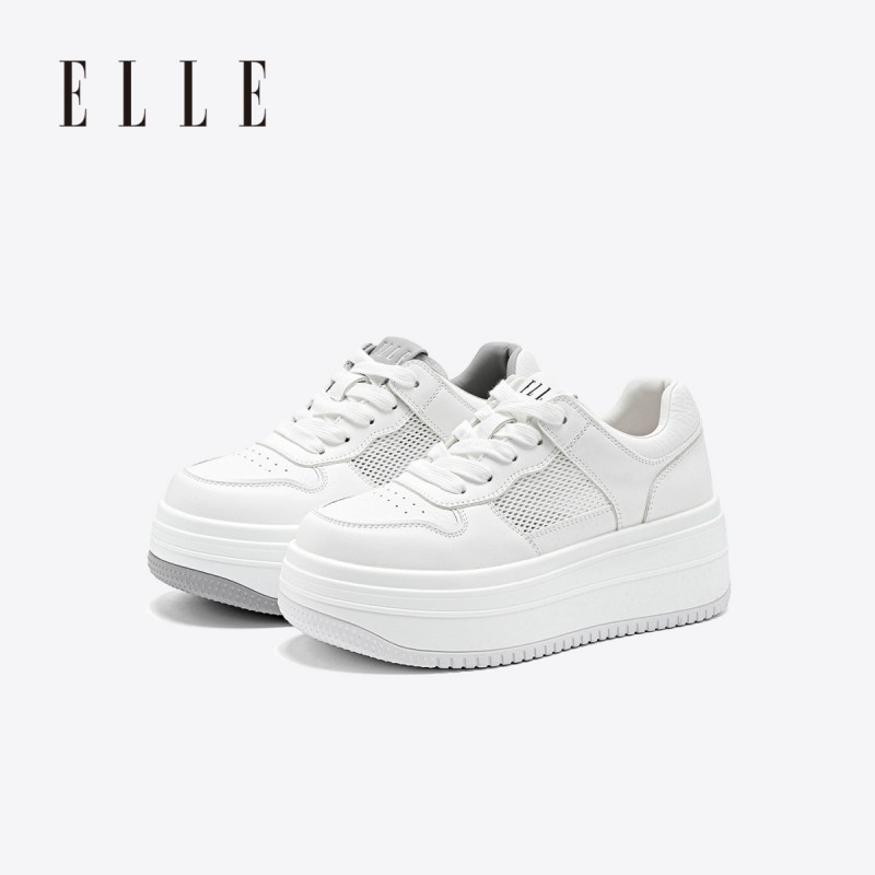 13507453.ELLE女鞋纯白年代●夏季新款网面厚底小白鞋增高板鞋薄款网鞋透气
