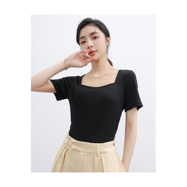 9368605.简约棉质方领女式t恤夏季弹力修身短袖t恤女短款