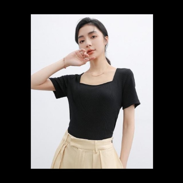 9368605.简约棉质方领女式t恤夏季弹力修身短袖t恤女短款
