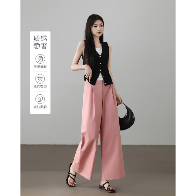 12326551.【柔润纯棉磨毛】夏季小个子通勤褶裥九分裤斜插袋直筒女式休闲裤