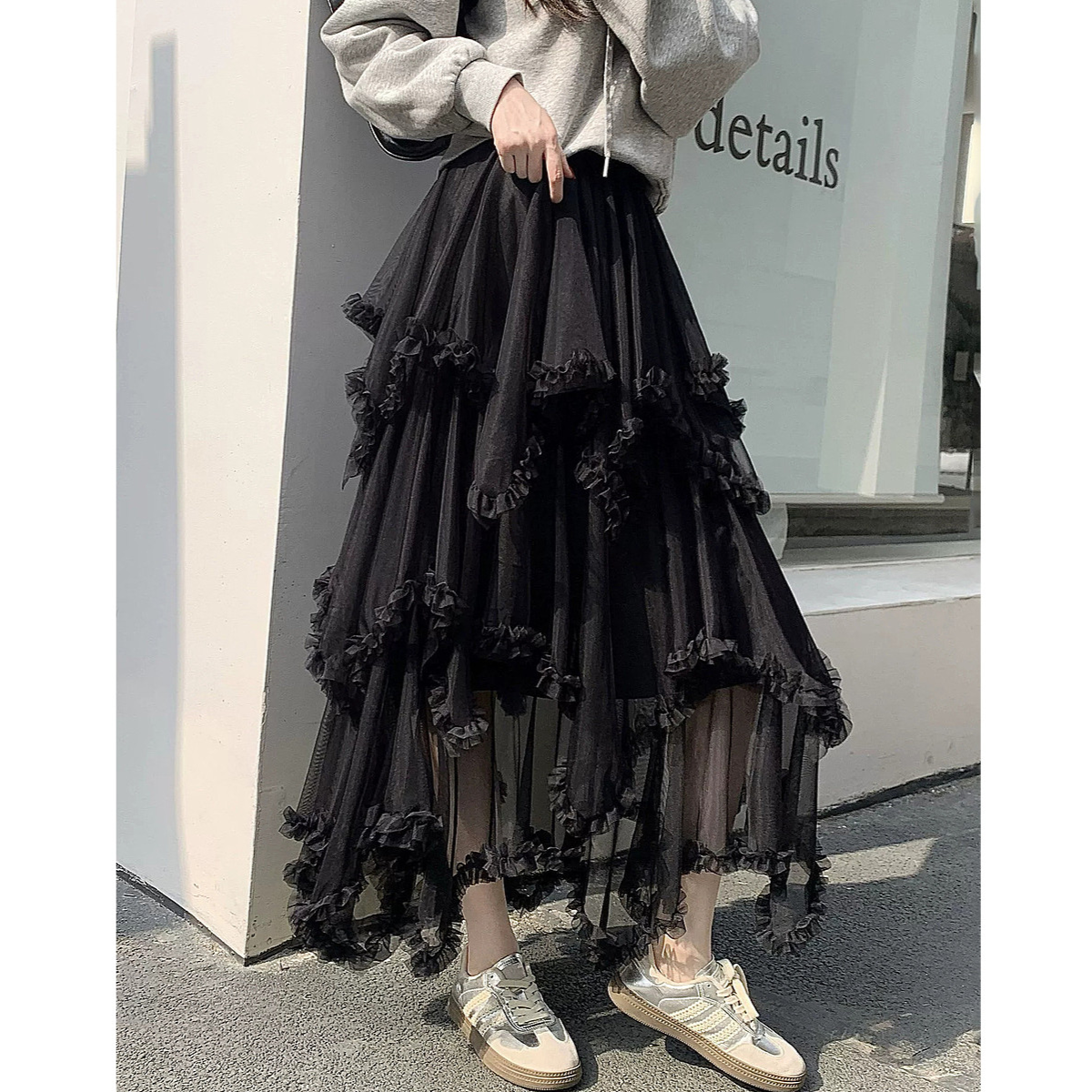 13339827.【此刻享轻盈】春季不规则褶皱花边网纱裙飘逸显瘦长款A字半身裙