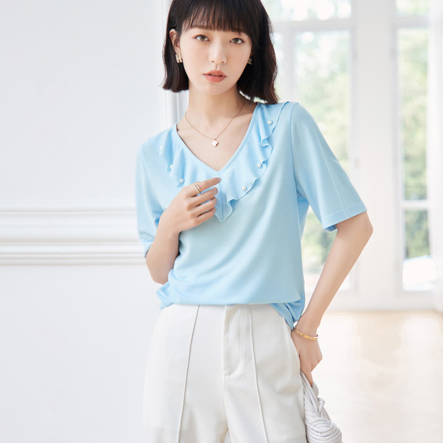 13595800.【荷叶边领珍珠装饰】夏休闲无弹女式t恤