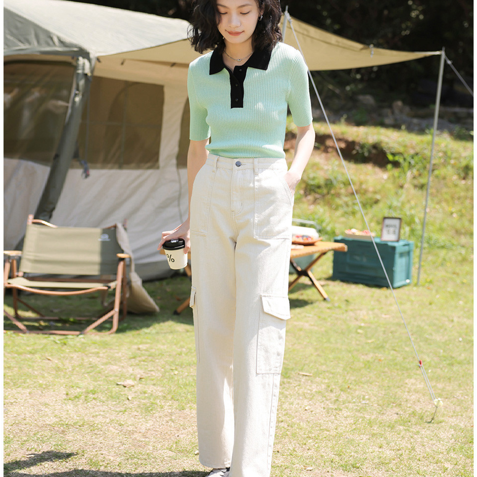 13596577.【撞色Polo领 】夏弹力修身短袖套头线衫女