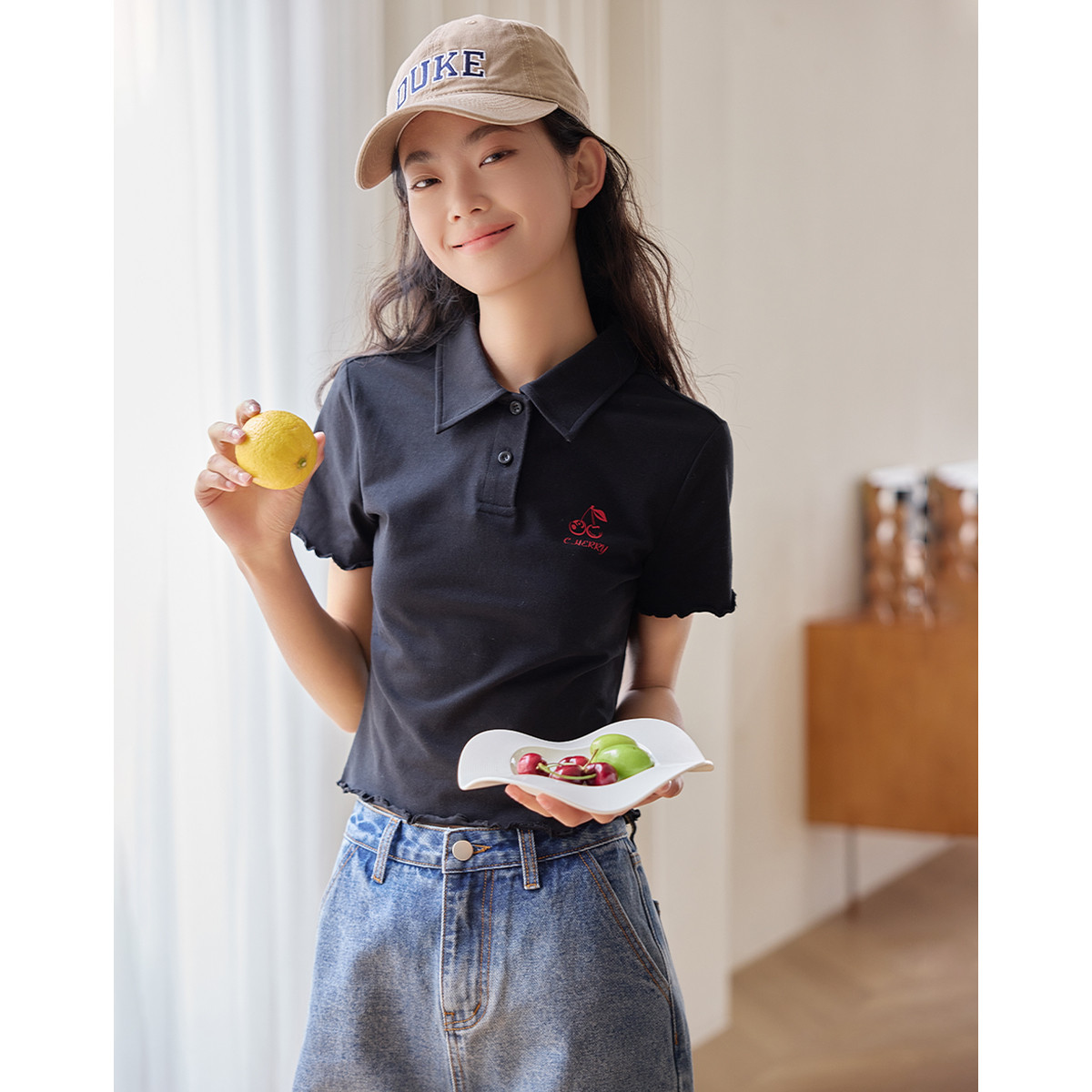 13596779.【花边袖T恤】夏款POLO领辣妹风樱桃印花T恤短款