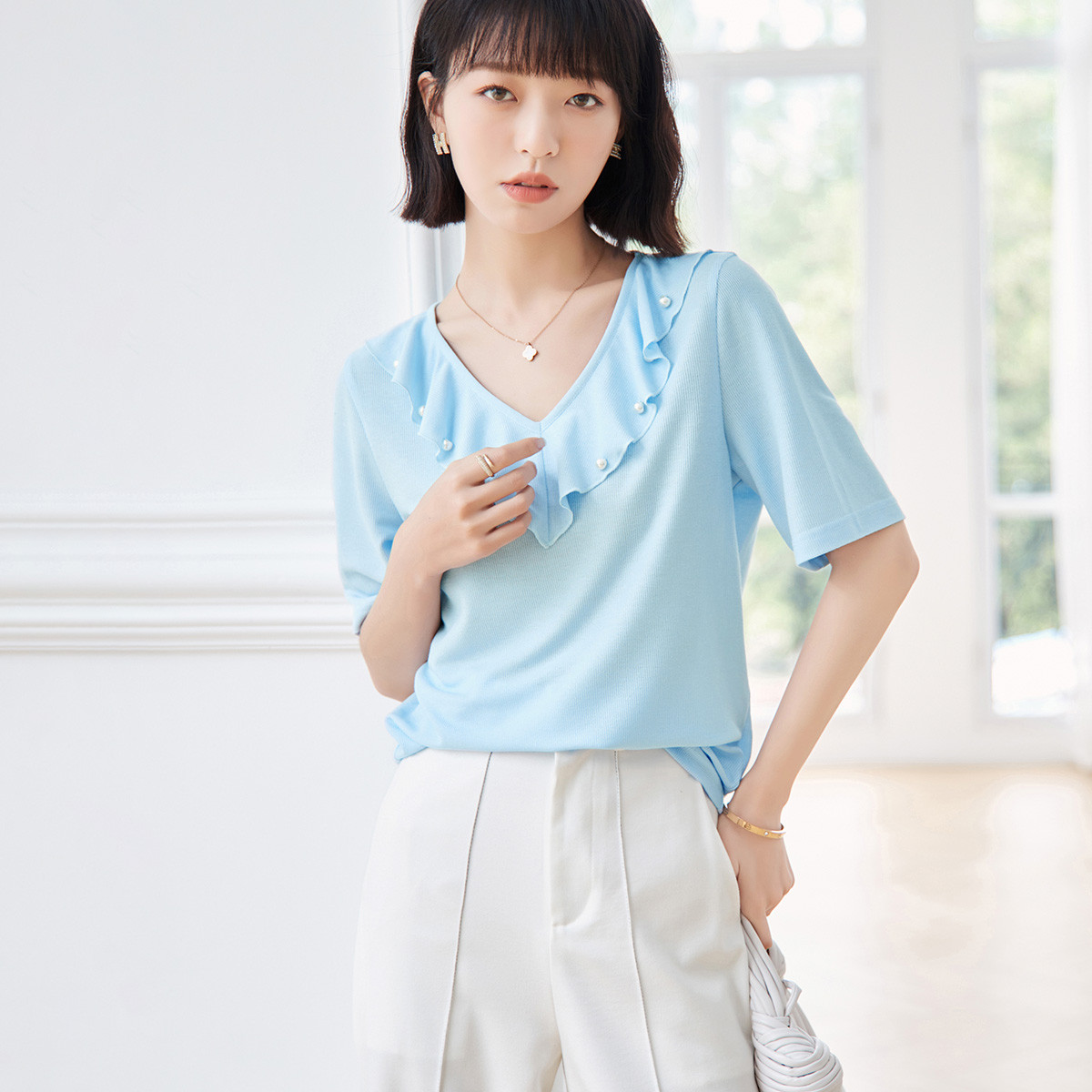 13595800.【荷叶边领珍珠装饰】夏休闲无弹女式t恤