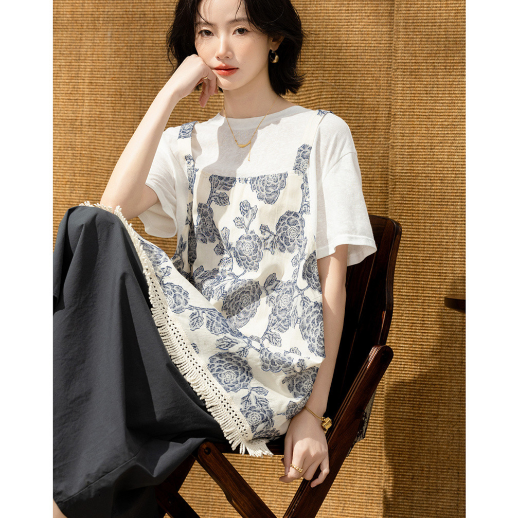 13595192.【含绵羊毛呼吸棉】夏季假两件提花拼接不规则下摆宽松显瘦连衣裙